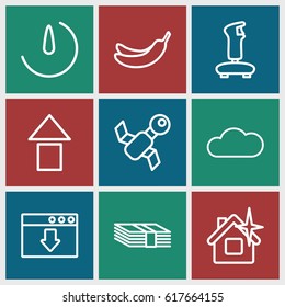 App icons set. set of 9 app outline icons such as Banana, clean house, stopwatch camera, cloud, money, satellite, arrow up, download cloud
