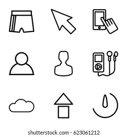 App icons set. set of 9 app outline icons such as finger on display, stopwatch camera, cloud, pointer, user, arrow up, sport shorts