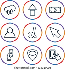 App icons set. set of 9 app outline icons such as payment, finger on display, guitar mediator, download upload cloud, money, pointer, alpha, arrow up