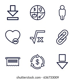 App icons set. set of 9 app outline icons such as money, minus favorite, download, document, square root, arrow down, user, link
