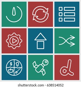 App icons set. set of 9 app outline icons such as shuffle, play in gear, stopwatch camera, alpha, satellite, arrow up, menu, marketing