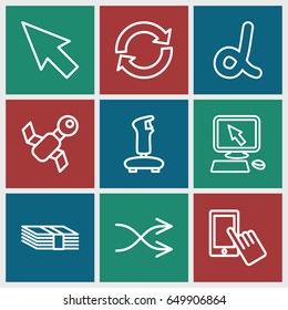 App icons set. set of 9 app outline icons such as pointer on display, finger on display, shuffle, pointer, money, alpha, satellite, joystick