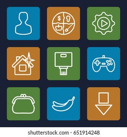 App icons set. set of 9 app outline icons such as banana, clean house, play in gear, camera, purse, user, arrow down, joystick