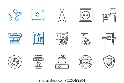app icons set. Collection of app with html, no chatting, apple, smartphone, earth, discount, manual, basket, sleep, socket, cursor, audiobook. Editable and scalable app icons.