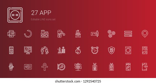 app icons set. Collection of app with id card, signs, sign, cross, menu, smartwatch, html, alarm clock, planet earth, cold water, conversation. Editable and scalable app icons.