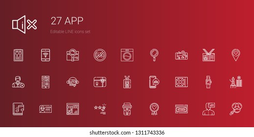 app icons set. Collection of app with vhs, favourite, smartphone, rating, layout, id card, audiobook, wine, social media, gift card, user, gps. Editable and scalable app icons.