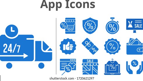 app icons set. included online shop, shop, wallet, like, discount, warranty, delivery truck, stopwatch icons. filled styles.