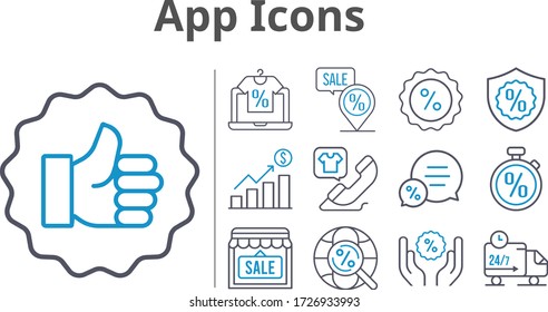 app icons set. included online shop, profits, shop, like, chat, discount, warranty, phone call, delivery truck, placeholder, internet, stopwatch icons. bicolor styles.
