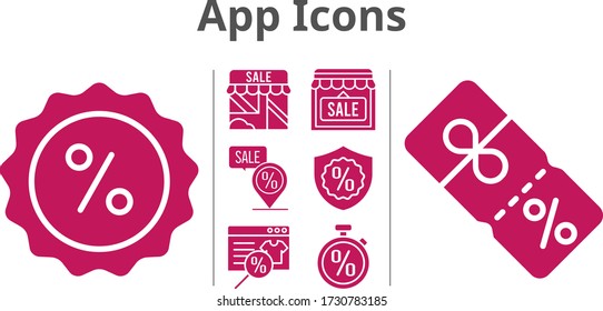app icons set. included online shop, shop, discount, warranty, placeholder, stopwatch icons. filled styles.