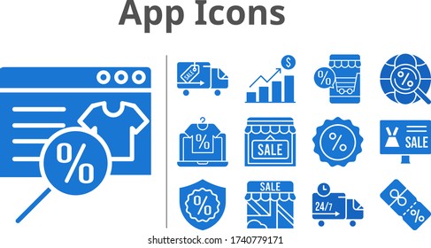 app icons set. included online shop, profits, shop, discount, warranty, delivery truck, internet icons. filled styles.