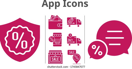 app icons set. included online shop, wallet, shop, chat, warranty, delivery truck, placeholder icons. filled styles.