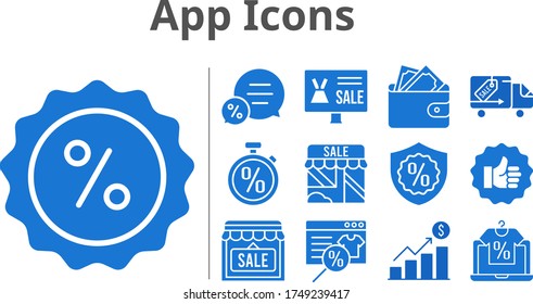 app icons set. included online shop, profits, wallet, shop, like, chat, discount, warranty, delivery truck, stopwatch icons. filled styles.