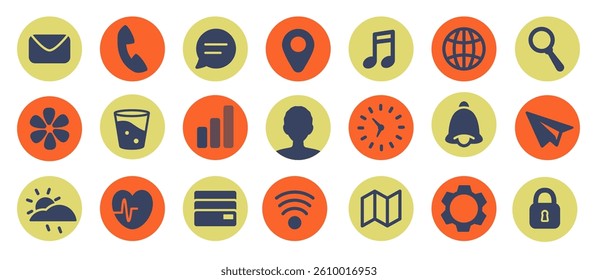 App icons set. Phone icon with editable stroke. Heart Rate, Weather, Messages, Watch, Map, contact, notification, settings, Water, Music icon. Colour Trendy symbols. Social media icon. Vector 