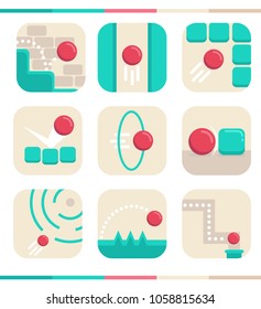 App icons in simple flat style and trendy colors for mobile applications logo design. Jumping and rolling red ball game. Vector icons set, isolated on white background.