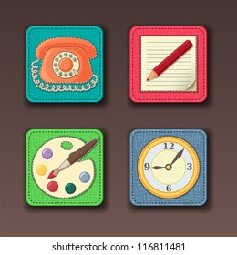 App icons stitched on the textile background in pastel colors