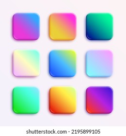 App icons vector backgrounds collection. 3D glossy buttons with neon holographic gradients and soft shadows. Rounded rectangle shapes for web and mobile applications