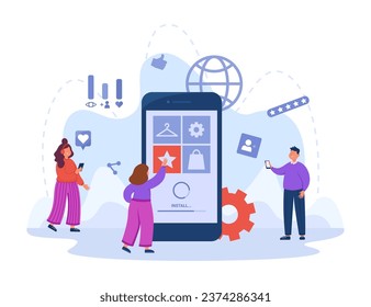 App installation process on smartphone vector illustration. People using mobile devices with promotion of mobile apps through social media ads. Social media, advertising concept