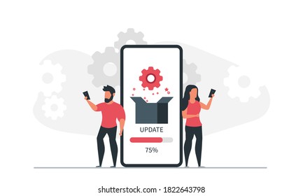 Instalación y actualización de aplicaciones por teléfono. Ilustración vectorial de concepto de aplicaciones móviles y de personas