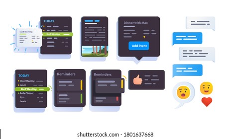 App interface elements. Reminder, today, chat messaging, add event post pop up windows. Time management & planning application clipart. Flat vector interface element illustration