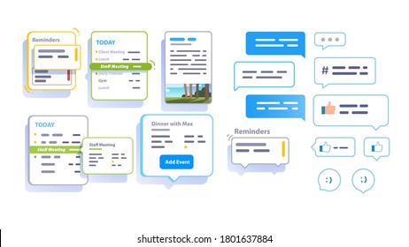 App Interface Elements. Reminder, Today, Chat Messaging, Add Event Post Pop Up Windows. Time Management & Planning Application Clipart. Flat Vector Interface Element Illustration