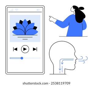 App interface with a flower logo and audio controls. Woman pointing to the right. Breathing diagram demonstrating airflow. Ideal for mindfulness, meditation, relaxation, breathing exercises