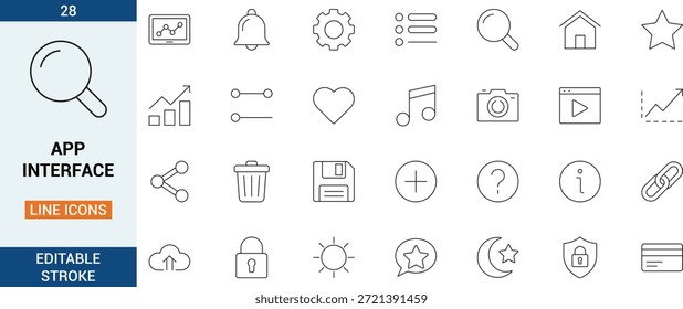 App interface line icons set with editable stroke, clean outline symbols for navigation, media, settings and actions, designed for UI UX, mobile apps, dashboards and web interfaces.