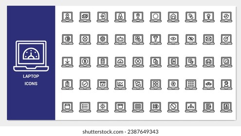 App-Laptop-Icon-Set. Kollektion von Zeilensymbolen. Enthält Symbole. 
