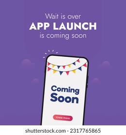 App launch announcement post for social media. Online shopping, marketplace mobile app. New mobile application Coming soon. Download the app. App launch marketing. Stay Tuned to know more. Marketing