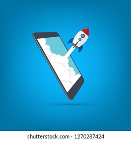 App launch. Startup vector concept, flat cartoon rocket or rocketship launch, mobile phone or smartphone, idea of successful business project start up, boost technology, innovation. 