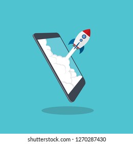 App launch. Startup vector concept, flat cartoon rocket or rocketship launch, mobile phone or smartphone, idea of successful business project start up, boost technology, innovation. 