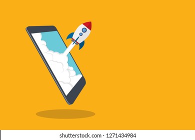 App launch. Startup vector concept, flat cartoon rocket or rocketship launch, mobile phone or smartphone, idea of successful business project start up, boost technology, innovation. 