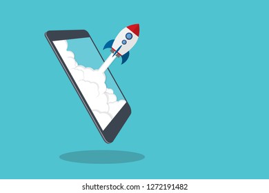 App launch. Startup vector concept, flat cartoon rocket or rocketship launch, mobile phone or smartphone, idea of successful business project start up, boost technology, innovation. 
