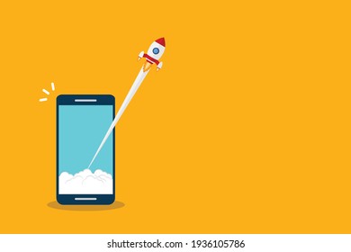 App launch. Startup vector concept, flat cartoon rocket or rocketship launch, mobile phone or smartphone, idea of successful business project start up, boost technology, innovation.
