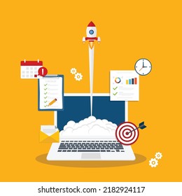 App launch. Startup vector concept, flat cartoon rocket launch, mobile phone or smartphone, idea of successful business project start up, boost technology, innovation, business development.