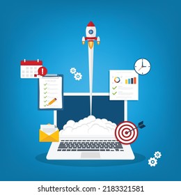 App launch. Startup vector concept, flat cartoon rocket launch, mobile phone or smartphone, idea of successful business project start up, boost technology, innovation, business development.