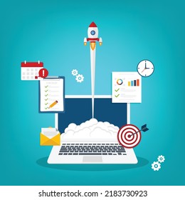 App launch. Startup vector concept, flat cartoon rocket launch, mobile phone or smartphone, idea of successful business project start up, boost technology, innovation, business development.