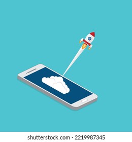 App launch. Startup vector concept, flat cartoon rocket or rocket ship launch, mobile phone or smartphone, idea of successful business project start up, boost technology, innovation.