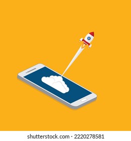 App launch. Startup vector concept, flat cartoon rocket or rocket ship launch, mobile phone or smartphone, idea of successful business project start up, boost technology, innovation.