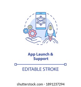 App launch and support concept icon. Mobile app development process. Move project from development to production idea thin line illustration. Vector isolated outline RGB color drawing. Editable stroke