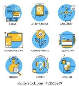 App line icon set with descriptions of coding app development interaction illustration interface vector illustration