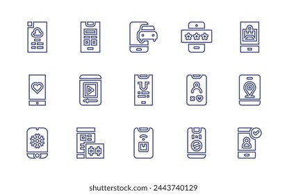 App line icon set. Editable stroke. Vector illustration. Containing rating, application, vote, wireframe, trading, music, dating app, weather, mobile app, medical, tracking, app.