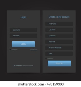 App Login Form and Registration Form in Dark Tones. UI Elements, Vector, EPS10
