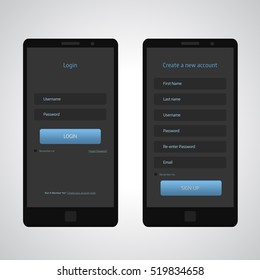 App Login Form and Registration Form in Dark Tones. UI Elements, Mobile Phone Mockup. Vector, EPS10