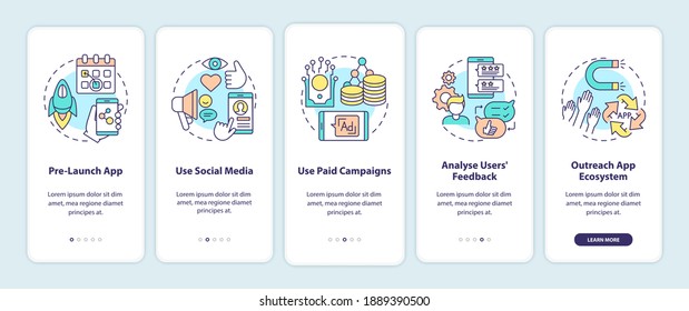 App marketing tips onboarding mobile app page screen with concepts. Pre launch app showing walkthrough 5 steps graphic instructions. UI vector template with RGB color illustrations