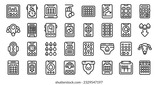 App for menstruation icons set outline vector. Period tracker. Pms woman