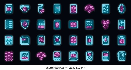 App for menstruation icons set outline vector. Period tracker. Pms woman neon color on black