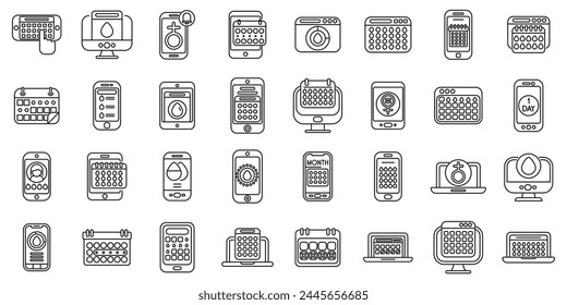 App for menstruation icons set outline vector. Period tracker. Woman health