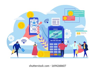 App mobile payment vector illustration. Cartoon woman man flat character buy purchases, tiny people pay using smartphone application. Digital wireless technology transaction ads icon isolated on white