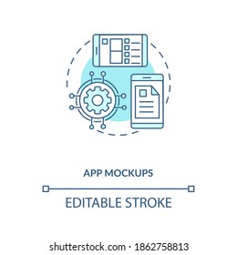 App mockups concept icon. UI and UX design steps. Modern convinient interface design creation process idea thin line illustration. Vector isolated outline RGB color drawing. Editable stroke