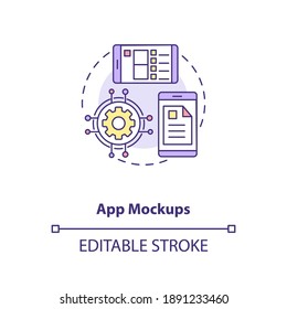 App mockups concept icon. UI and UX design steps. Modern easy to use interface design creation process idea thin line illustration. Vector isolated outline RGB color drawing. Editable stroke